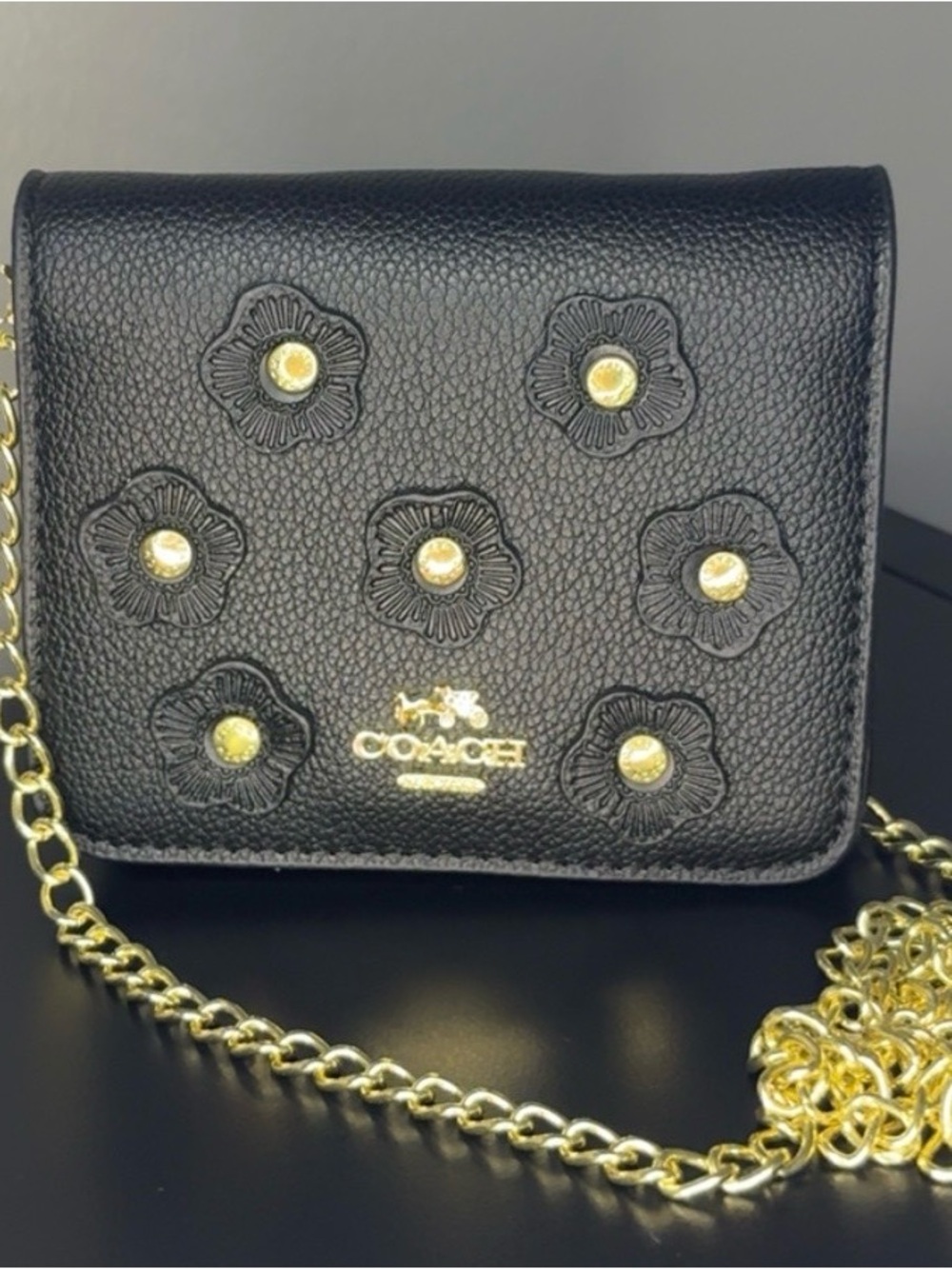 Coach Black Leather Floral Stud Chain Crossbody